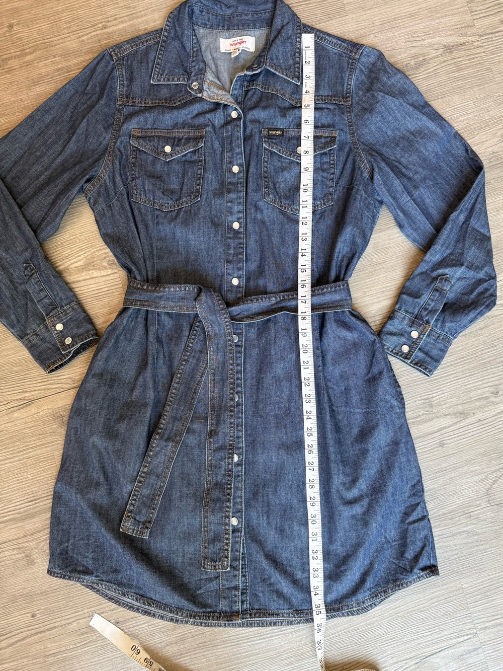 Wrangler Denim Snap Front Shirt Dress Belted Western Blue Size M - Picture 5 of 7